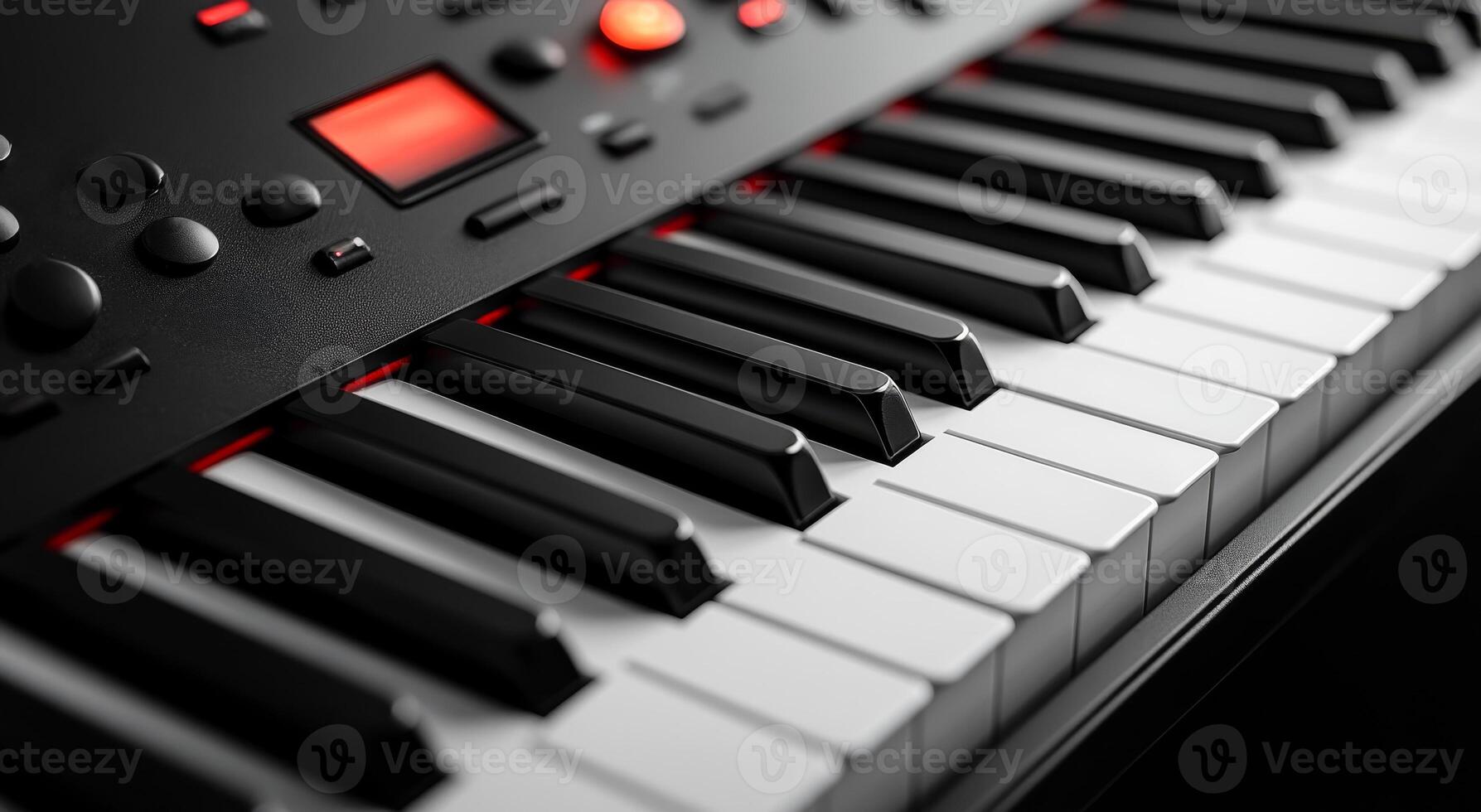 Close-up view of black and white piano keys. Close-up of piano keys showcases polished surfaces and digital features for music creation and practice. photo