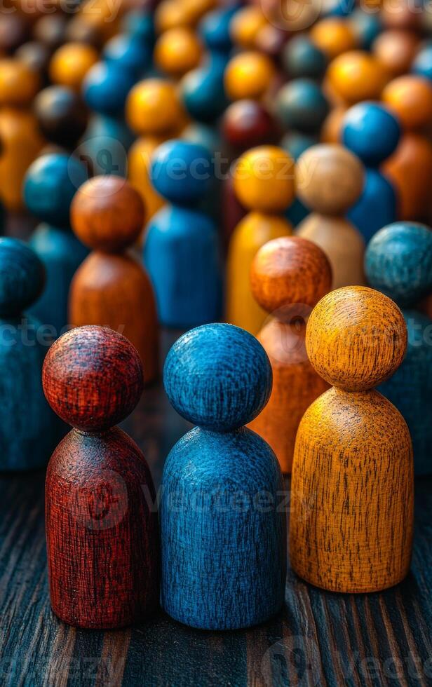 Vibrant display of colorful wooden figures. Wooden figures in various colors stand closely, creating a lively pattern on a dark background in soft lighting. photo