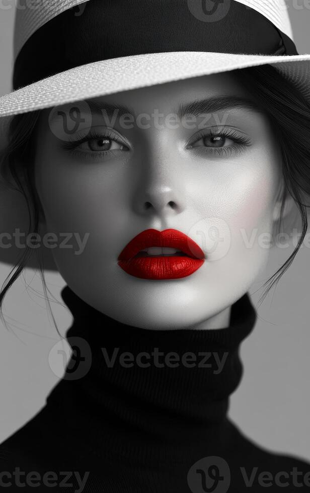 Young woman with red lips and stylish hat posing. A young woman in a hat and black turtleneck, her striking red lips showcased in a minimalist portrait. photo