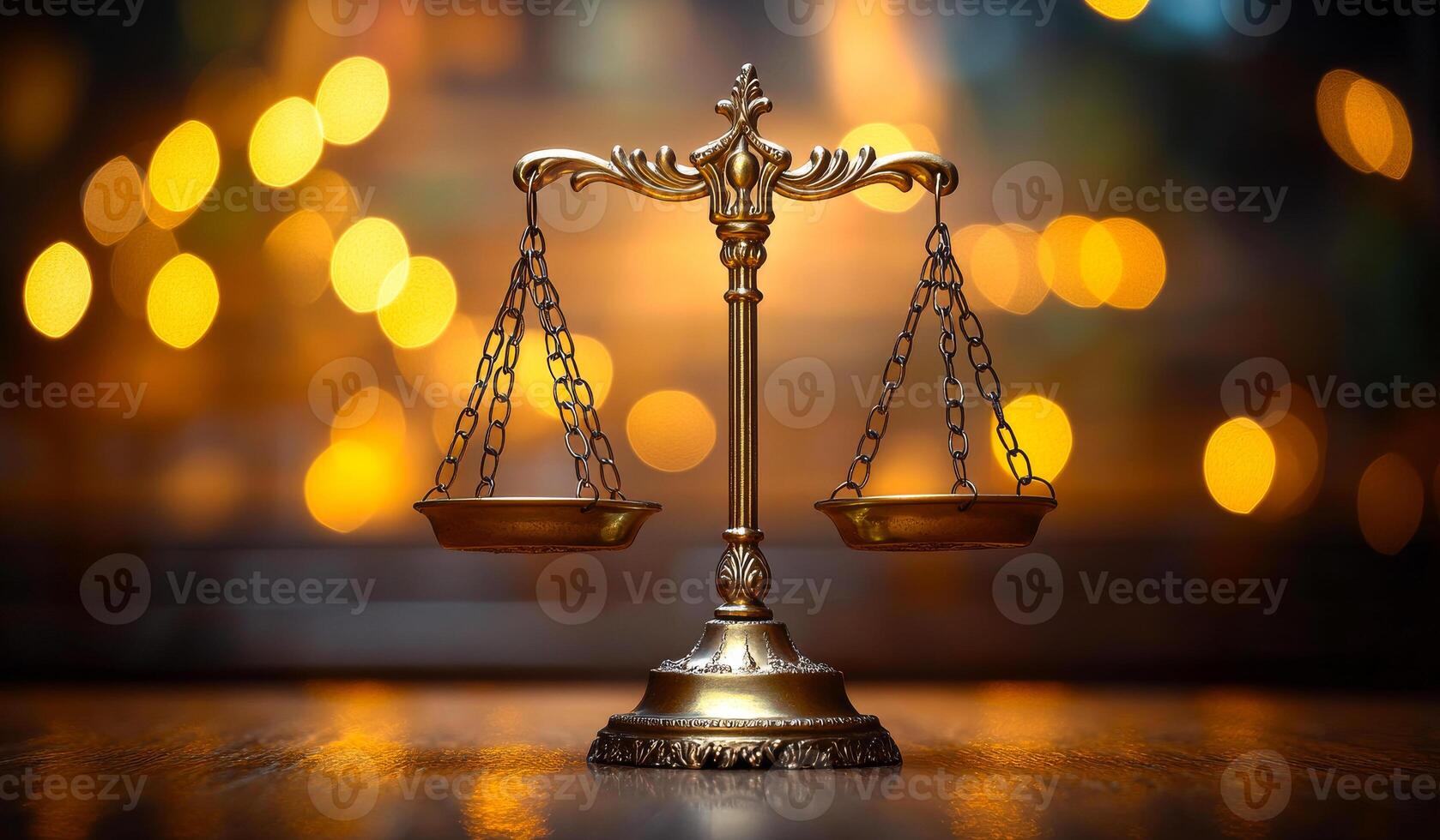 Brass scale for justice and balance. A brass balance scale sits on a wooden surface, glowing warmly with soft bokeh lights in the background. photo