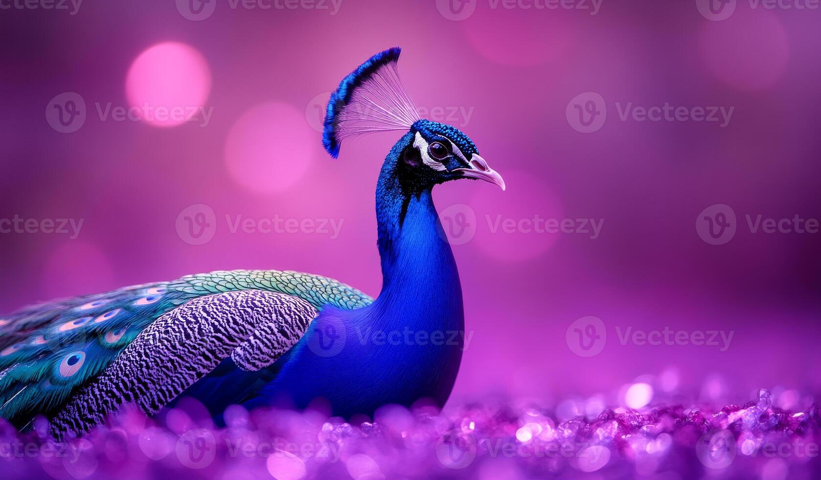 Vibrant peacock showcasing its colorful feathers. A peacock stands proudly with its stunning blue and green feathers against a soft purple background, radiating beauty. photo