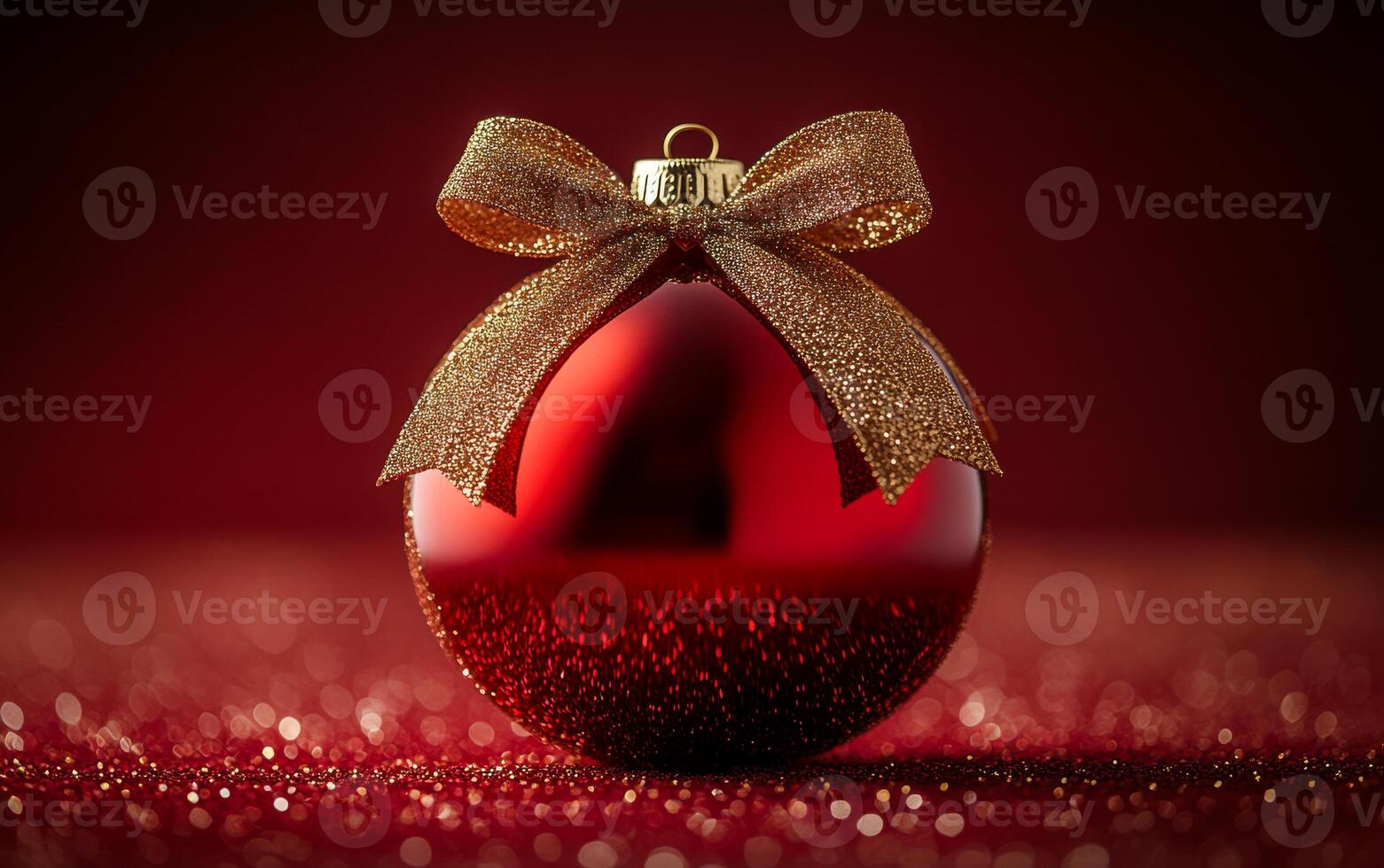 Shiny red Christmas ornament with golden bow. A glossy red ornament adorned with a golden bow rests on a glittery surface, capturing festive spirit and elegance. photo