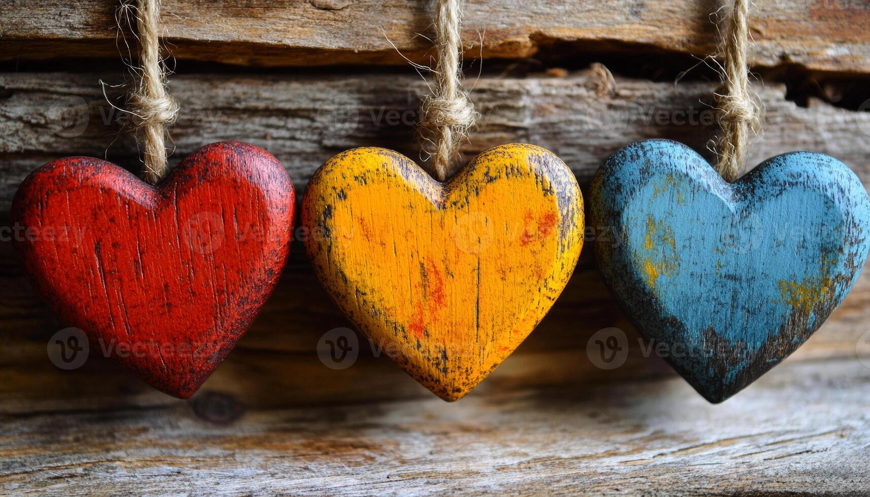 Three wooden hearts are hanging from a rope, with one red, one yellow, and one blue. The hearts are old and worn, giving the scene a nostalgic and sentimental feel photo