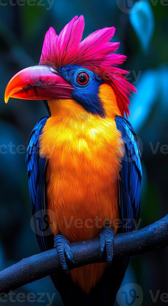 A colorful bird with a red beak and yellow feathers is perched on a branch. The bird's bright colors and unique appearance make it stand out against the blue background. Concept of vibrancy and life photo