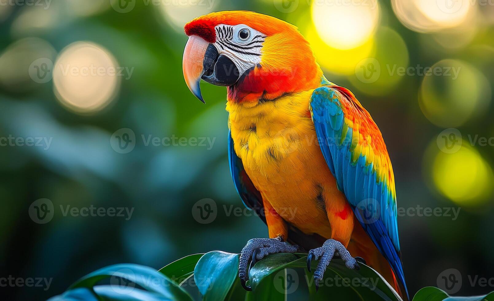 A colorful parrot perched on a leafy branch. The bird is bright and lively, with a mix of red, yellow, and blue feathers. The scene is vibrant and full of life, capturing the essence of nature photo