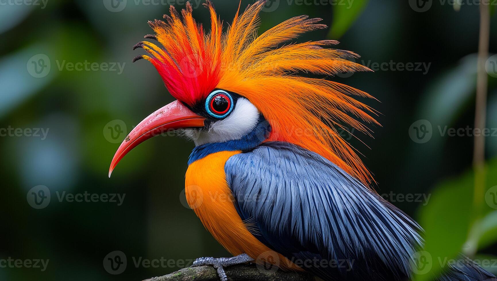 A colorful bird with a long tail and a long orange and blue beak. The bird is perched on a branch in a lush green forest photo