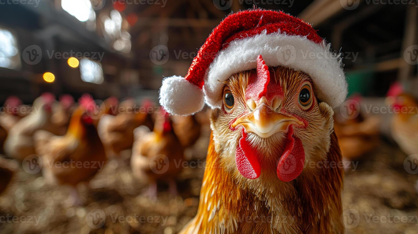 A chicken wearing a Santa hat is standing in a pen with other chickens. The scene is festive and cheerful, with the chicken's hat adding a touch of holiday spirit photo