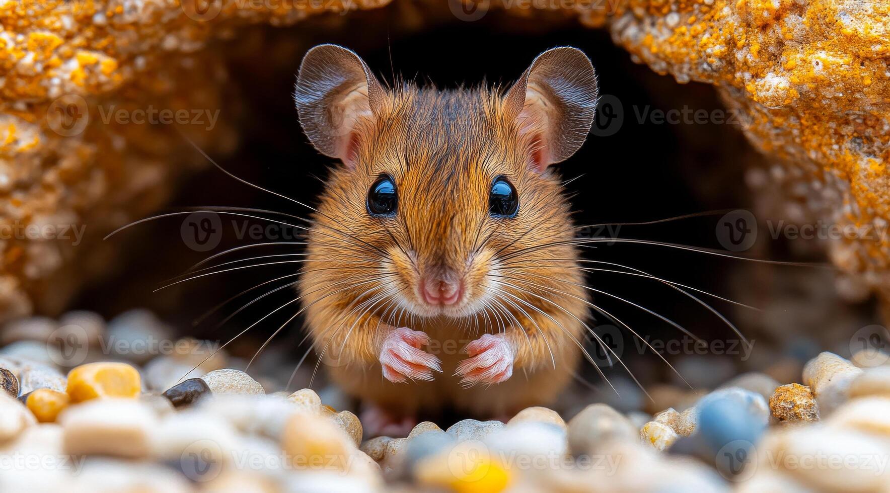 A small brown mouse is standing in a hole in the ground. The mouse is looking up at the camera with its eyes wide open photo