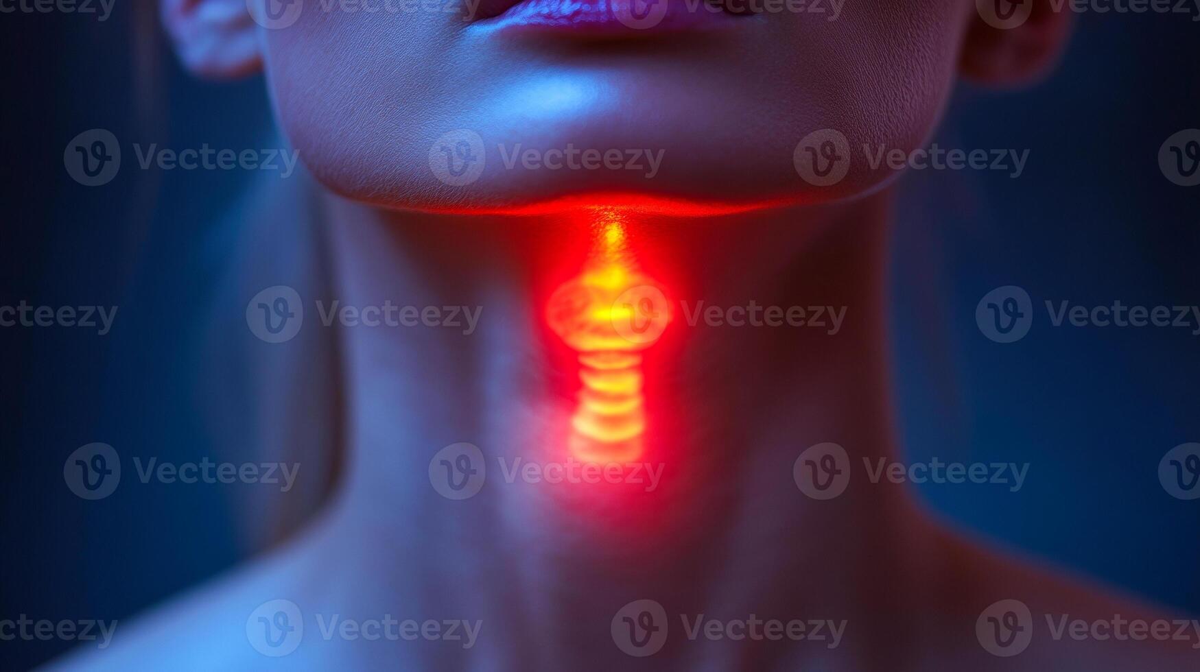 A woman's neck is glowing red. The neck is the only part of the body that is lit up photo