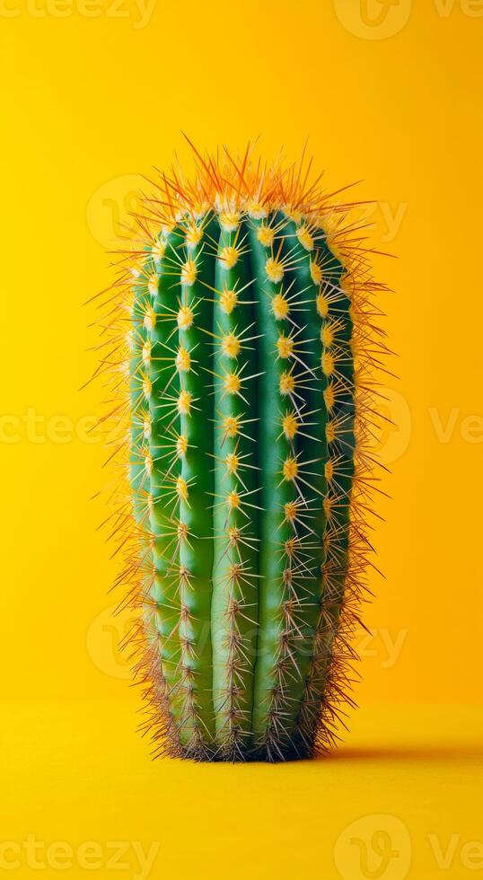 A tall green cactus with yellow spikes on top. The cactus is standing on a yellow surface photo