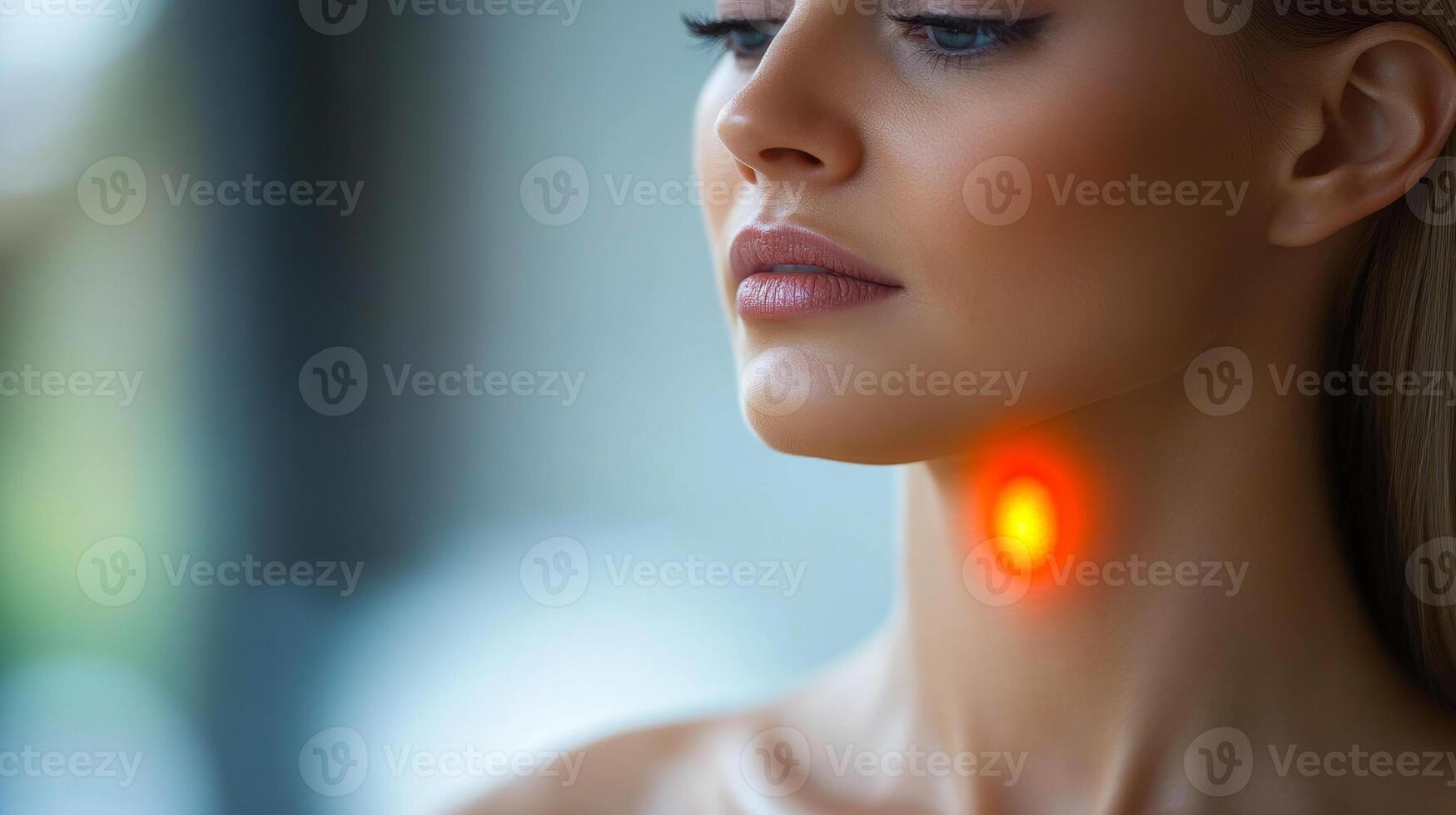 A woman with a red mark on her neck. The neck is red and the woman is looking at the camera photo
