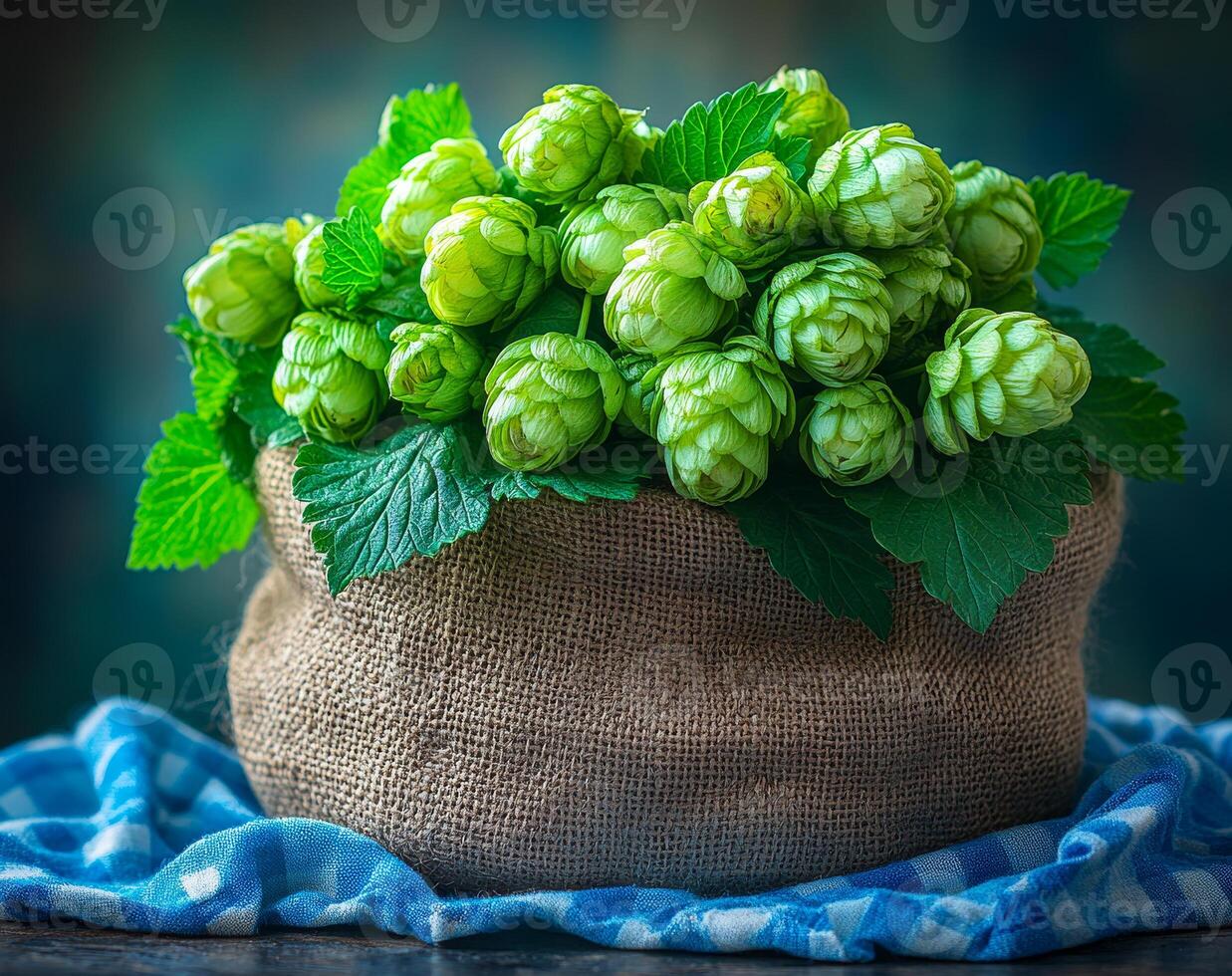 A basket of green asparagus is sitting on a blue cloth. The basket is filled with asparagus and the leaves are green photo