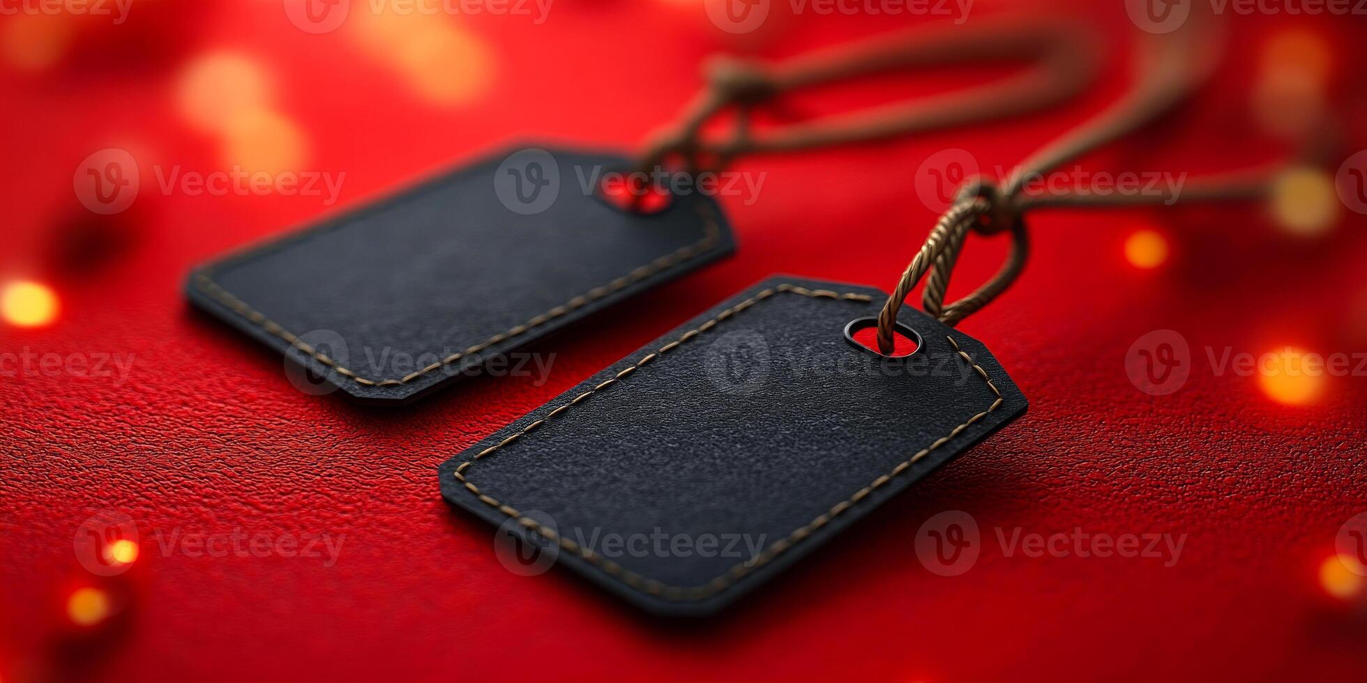 Two tags are hanging from a red background. The tags are black and have a white tag number photo
