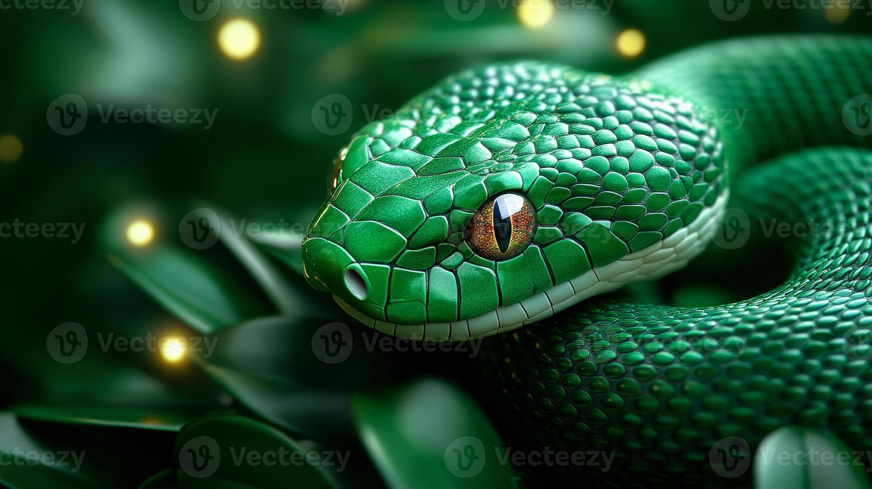 A green snake with a yellow eye is laying on a leafy green background. The snake is the main focus of the image, and the green leaves provide a natural and calming atmosphere photo