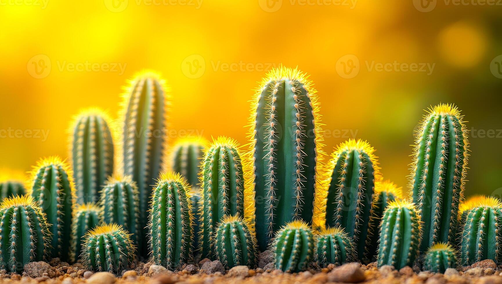 A bunch of cacti are lined up in a row, with some of them having yellow flowers. Concept of warmth and brightness, as the sun is shining on the plants photo