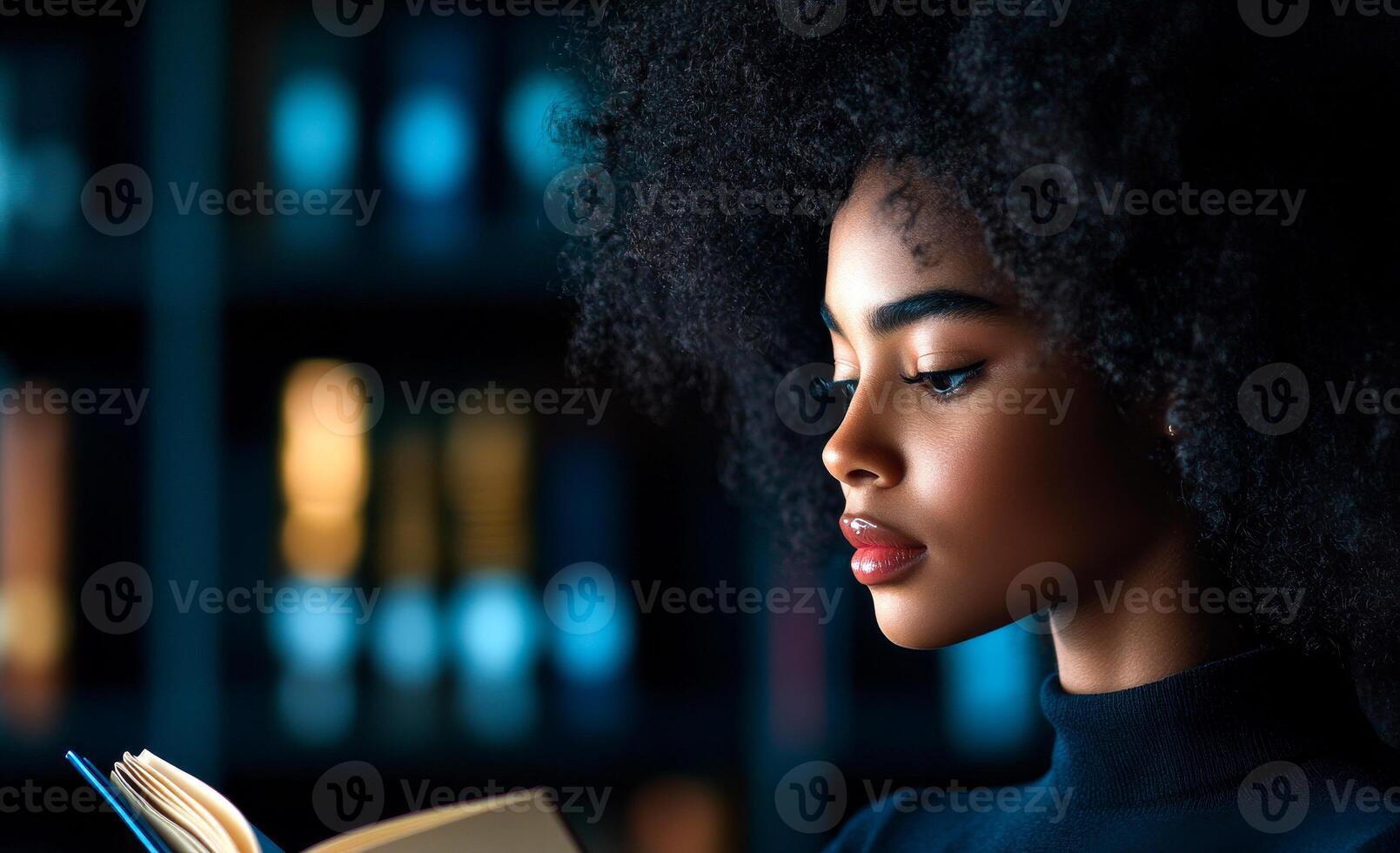 A woman with curly hair is reading a book in a library. The book is open to a page with a picture of a woman's face. The woman is looking at the book with a serious expression. The library is quiet photo