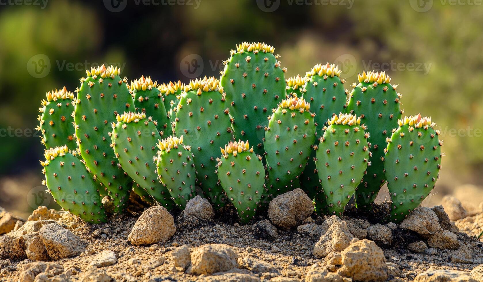 A group of cactus plants with yellow flowers. The cactus plants are in a rocky area with a lot of dirt photo