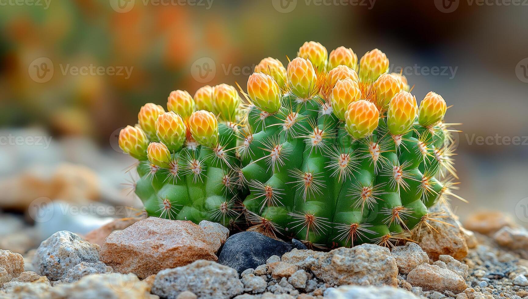A small cactus with orange flowers sits on a rocky surface. The cactus is surrounded by rocks and he is thriving in its environment. Concept of resilience and adaptability photo