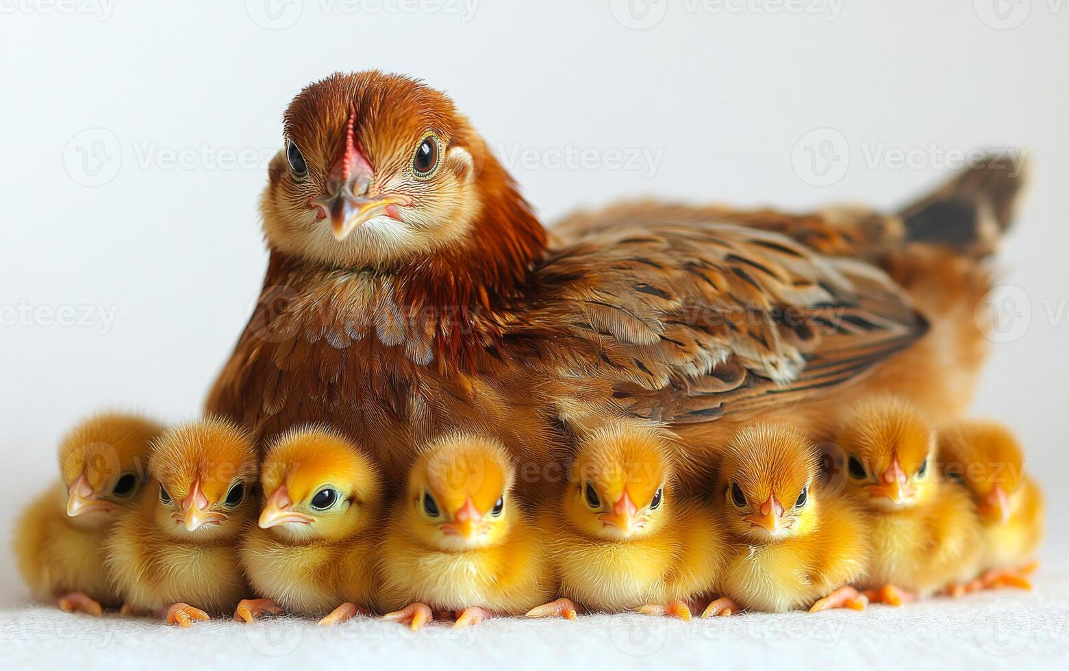 A mother chicken is surrounded by her six chicks. Concept of warmth and family, as the mother bird is protecting and nurturing her young photo