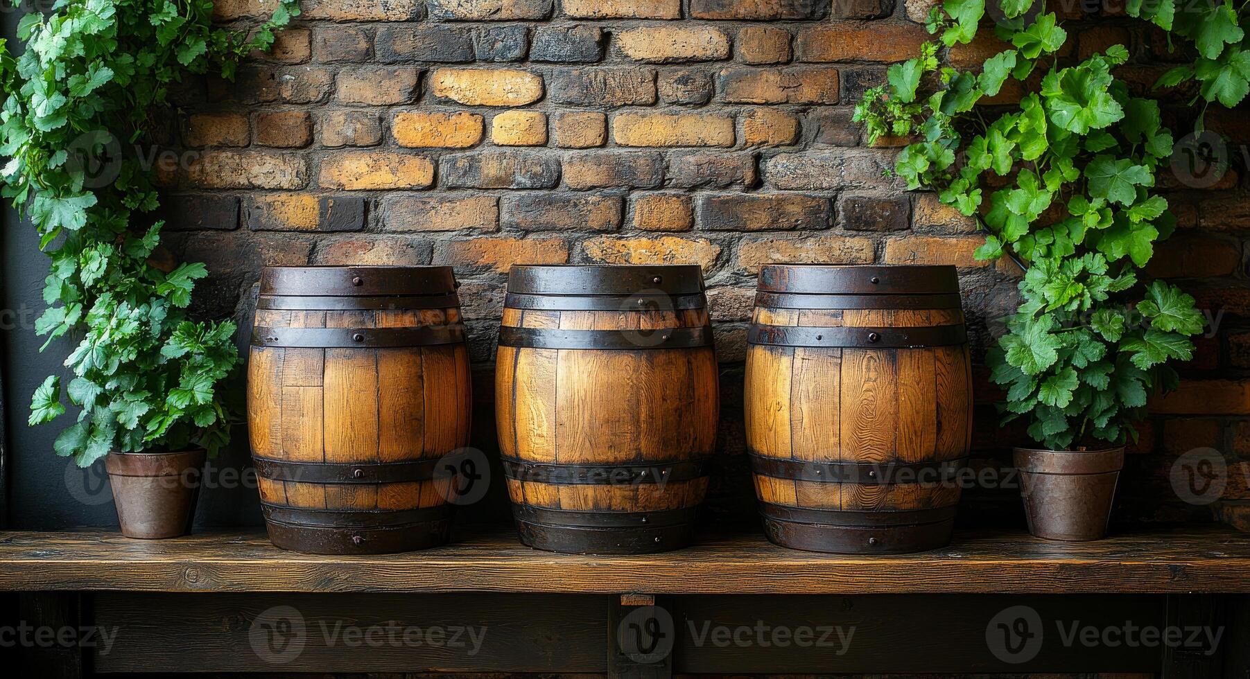 Three barrels of wood sit on a shelf next to a plant. The barrels are brown and have a rustic appearance. The plant is green and has vines growing on it. The scene gives off a cozy and rustic vibe photo