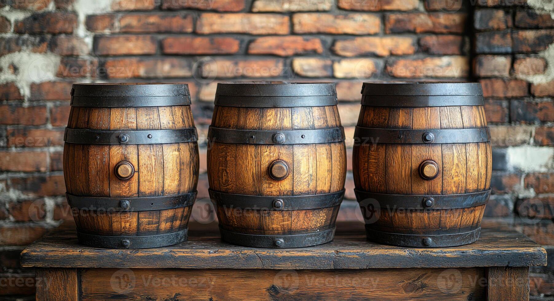 Three barrels of wood sit on a table. The barrels are old and have a rustic appearance. The table is made of wood and has a brick wall behind it. The scene gives off a cozy and rustic vibe photo