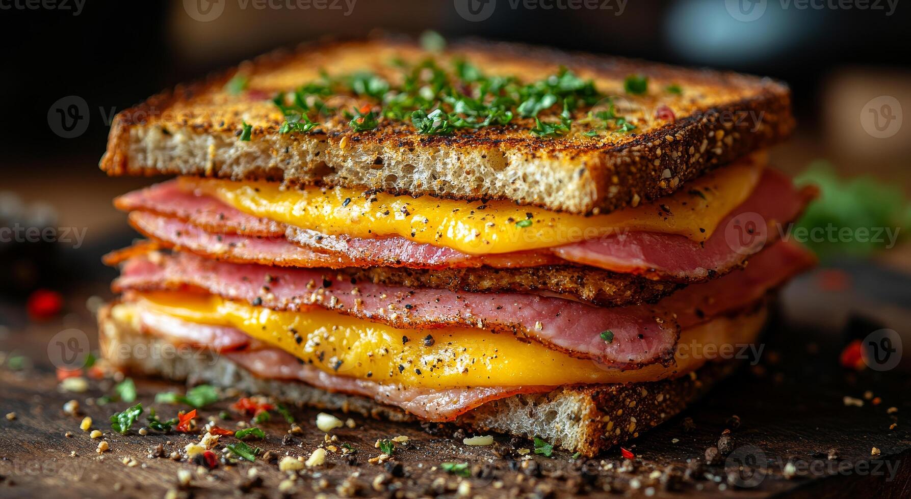 A hearty grilled cheese sandwich made with ham, cheddar, and herbs sits on a wooden plate ready to eat. photo