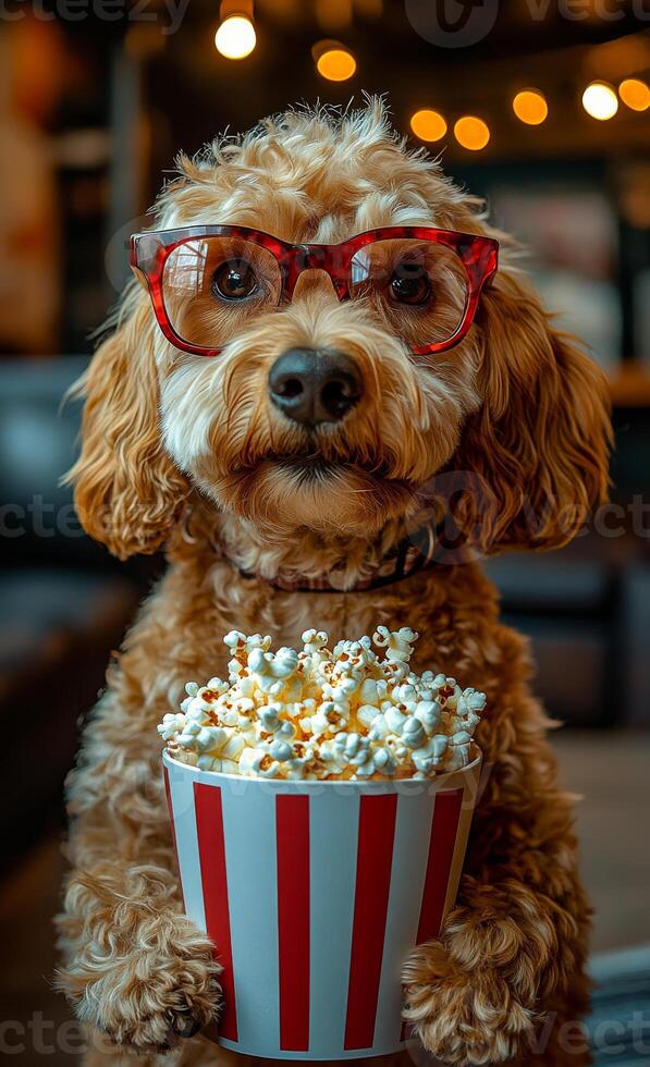 A charming dog with glasses holds a bucket of popcorn, sitting in a warm and inviting cafe atmosphere. photo