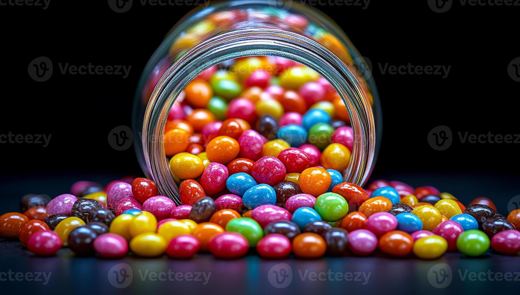 Brightly colored candies are spilling from a glass jar, creating a vibrant display against a dark background. photo