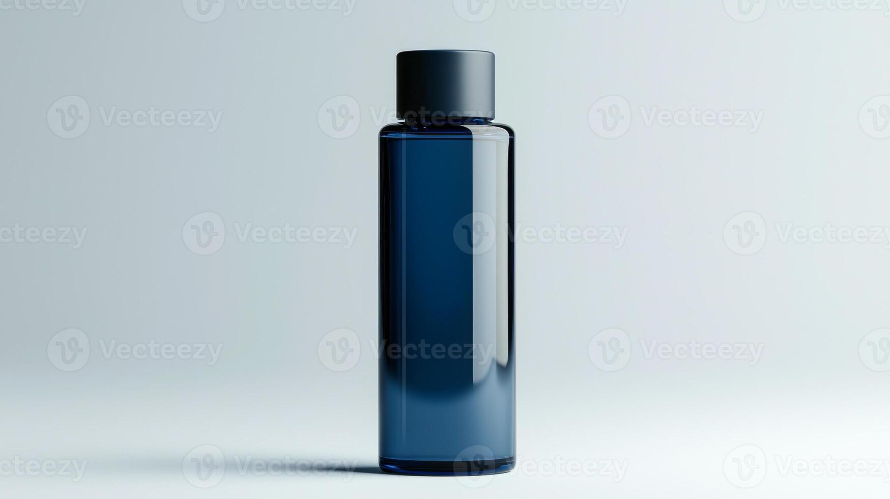 A dark blue bottle stands upright on a light gray background, showcasing its sleek design and smooth texture. photo