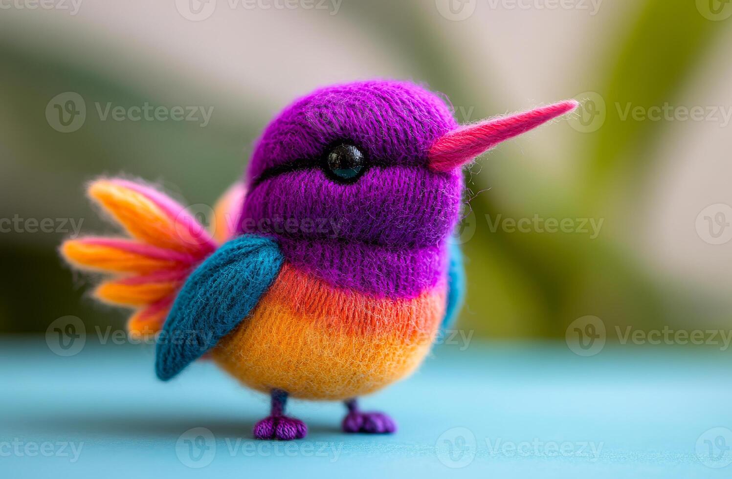 A vibrant felt hummingbird figurine stands on a blue surface, showcasing its artistic design and bright colors. photo