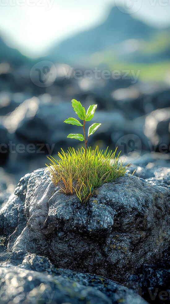 A small green plant emerges from rocky grassland, illuminated by sunlight, showcasing its resilience. photo