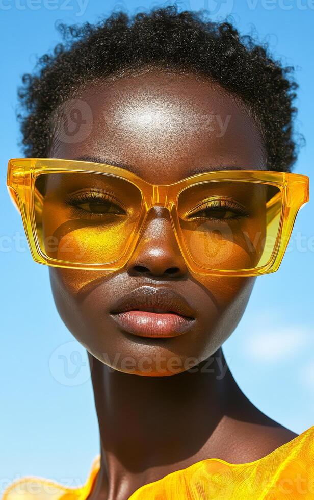 A person stands confidently in bright yellow glasses against a clear blue sky. Their bold style shines through. photo