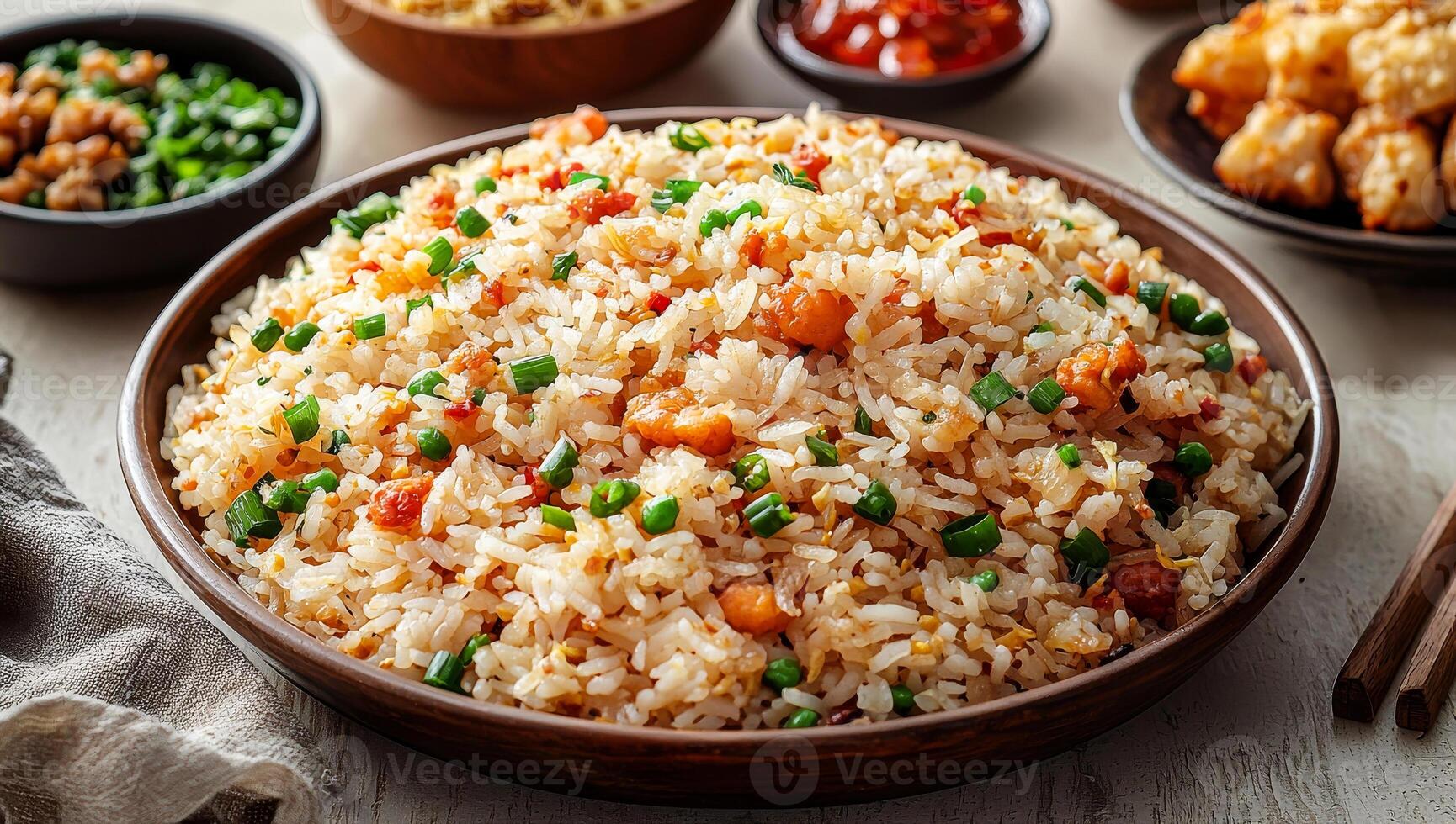 A bowl of flavorful fried rice with vegetables and crispy bits, surrounded by various side dishes in a warm atmosphere. photo