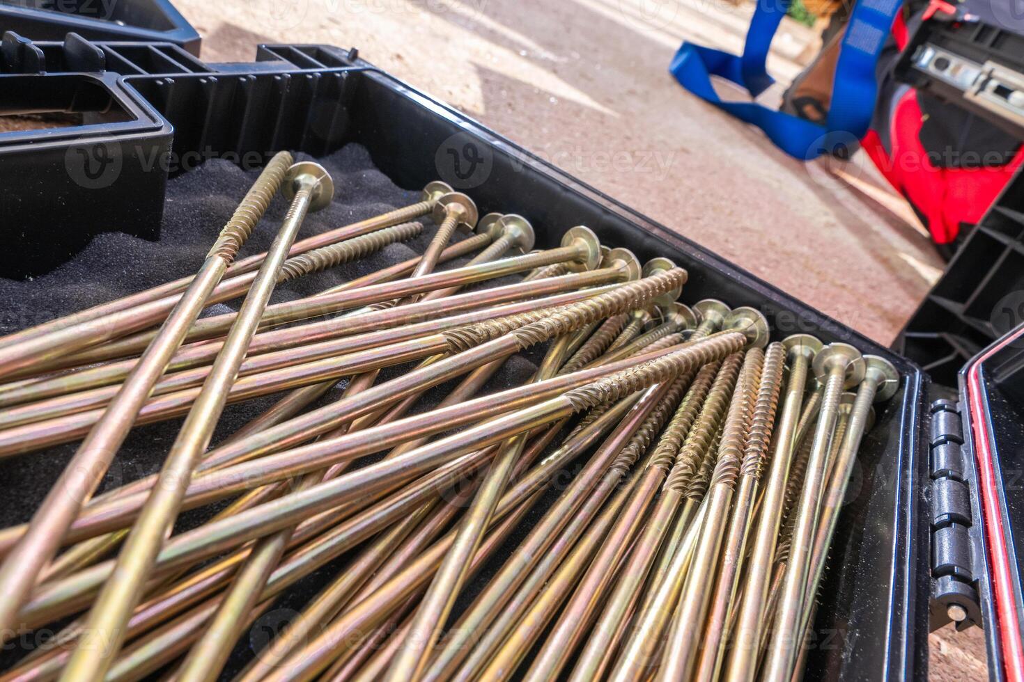 Long Metal Screws Arranged Neatly in a Toolbox During a Construction Project photo