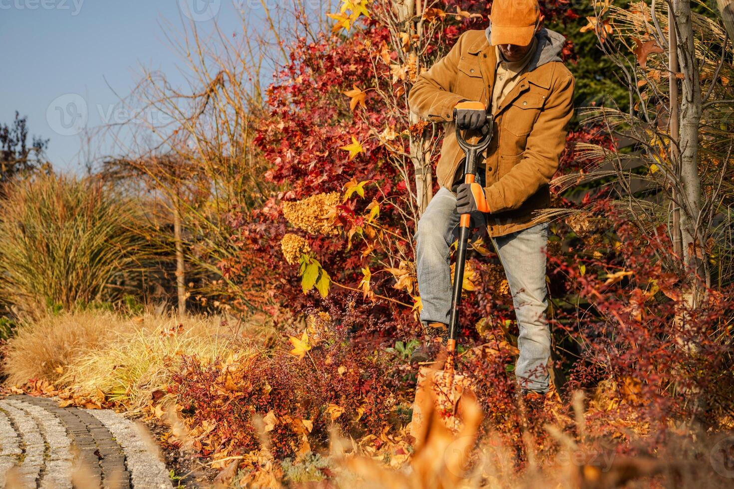 Gardener Using a Handheld Auger to Plant Trees in a Vibrant Autumn Garden Setting photo