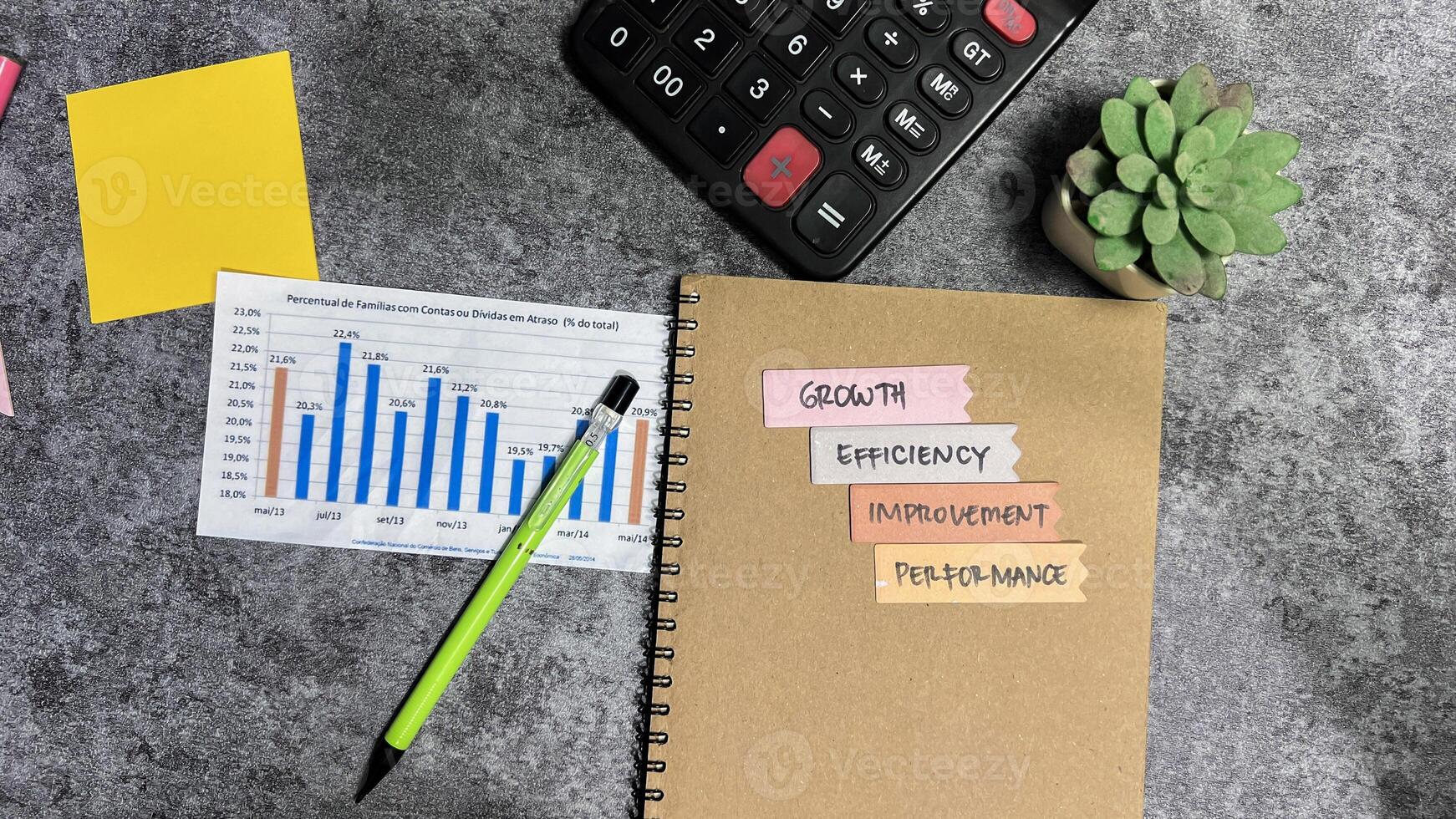 Concept of Business Management such as growth, efficiency, improvement, performance write on sticky notes isolated on Wooden Table. photo