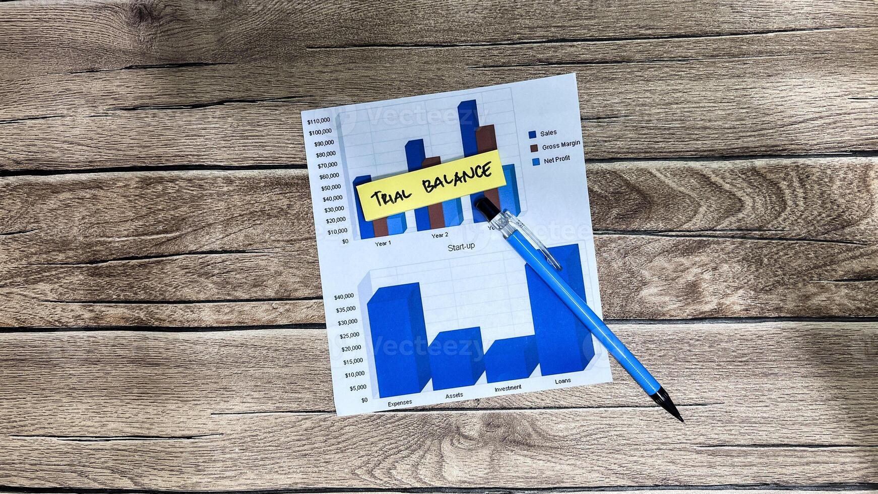 Concept of Trial Balance write on sticky notes isolated on Wooden Table. photo