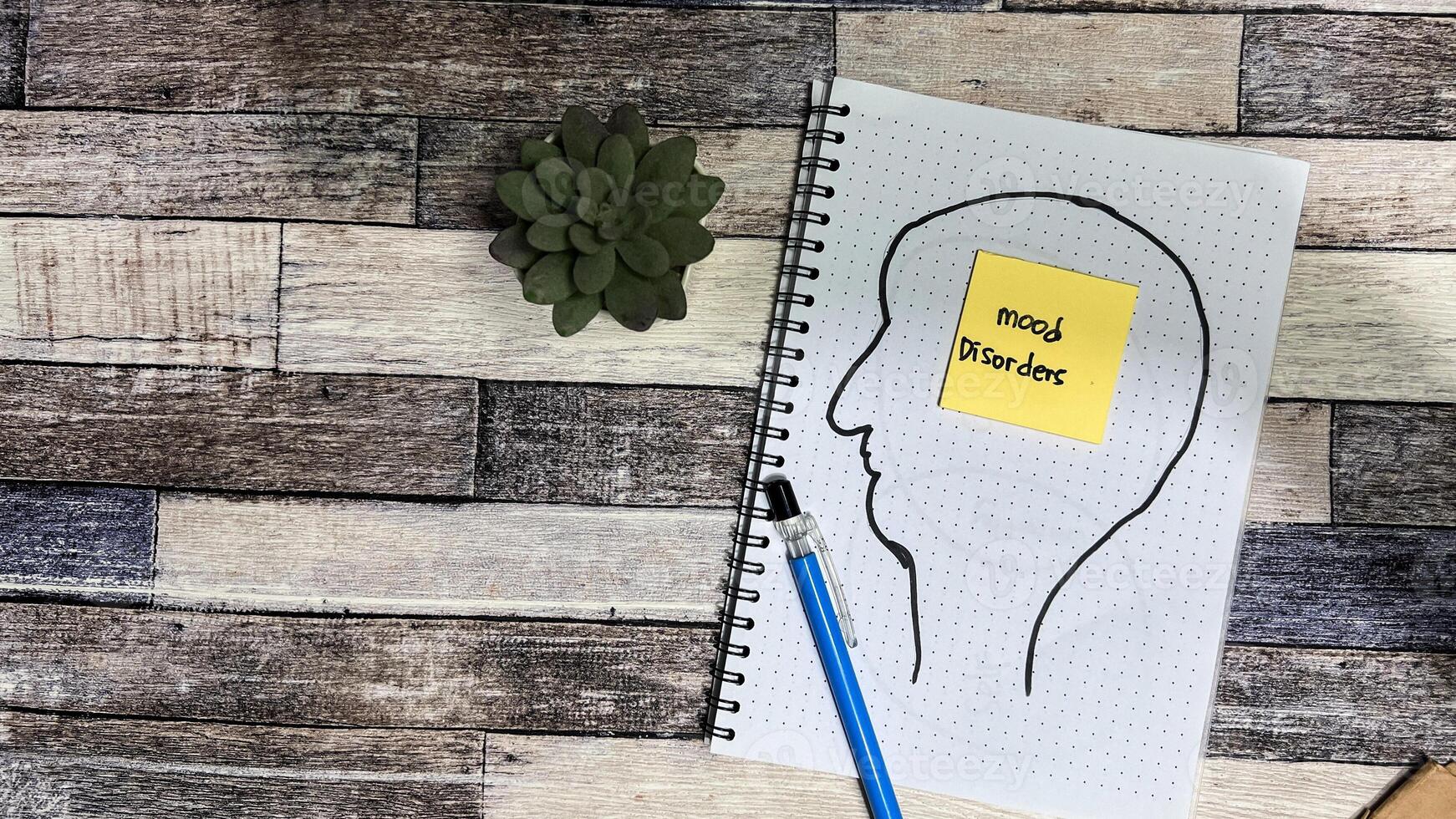 Concept of Mood Disorders write on sticky notes isolated on Wooden Table. photo