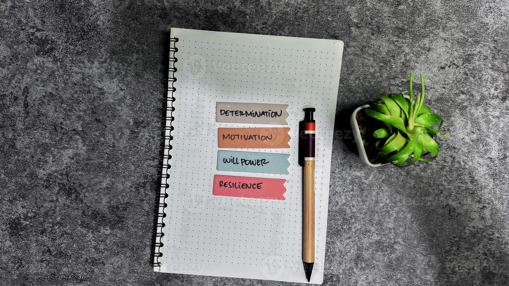 Concept of Determination Motivation Willpower Resilience write on sticky notes isolated on Wooden Table. photo