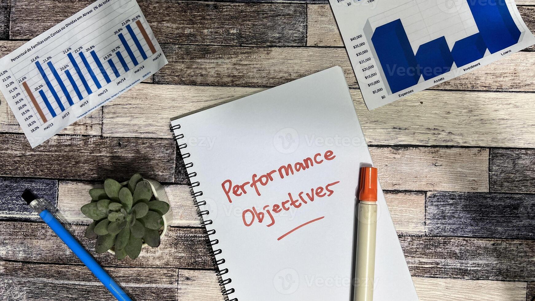 Concept of Performance Objectives write on book isolated on Wooden Table. photo