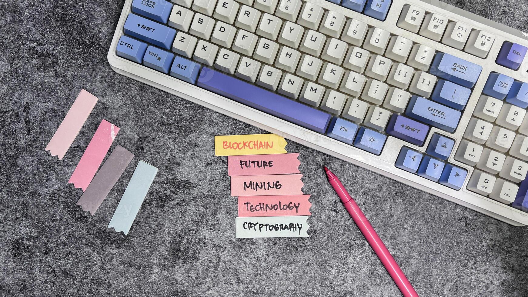 Concept of Blockchain write on sticky notes isolated on Wooden Table. photo
