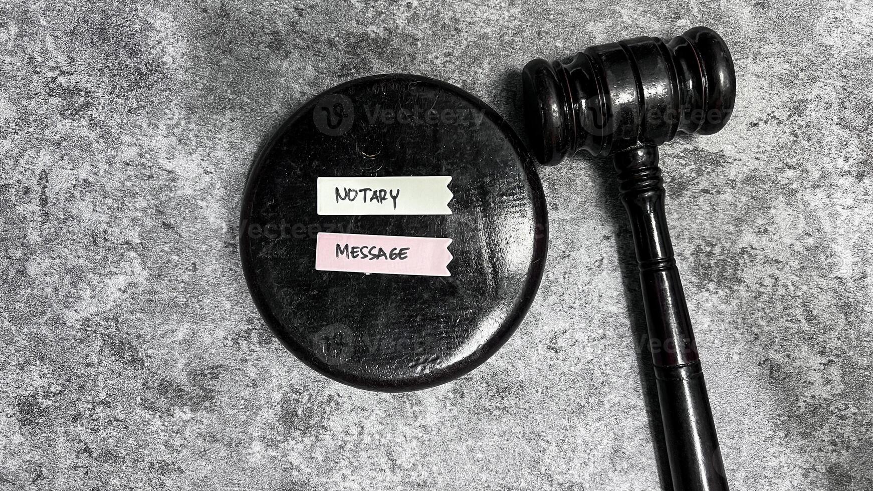 Concept of Notary Message write on sticky notes isolated on Wooden Table. photo