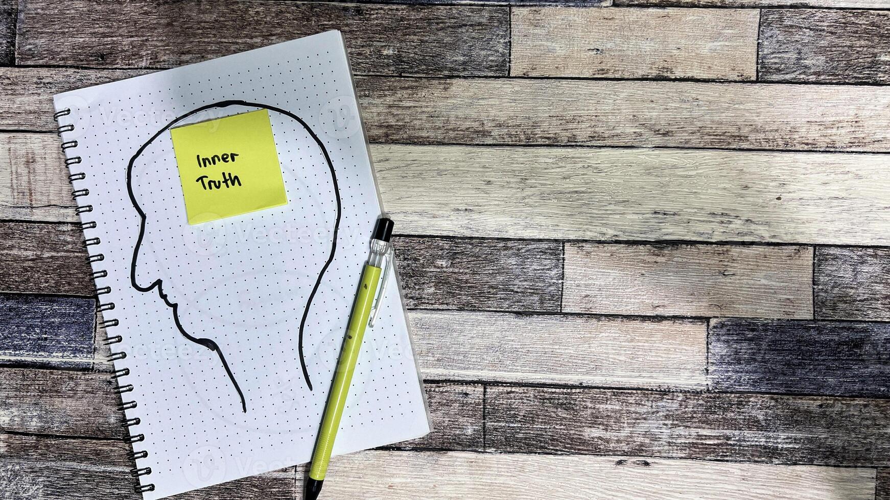 Concept of Inner Truth write on sticky notes isolated on Wooden Table. photo
