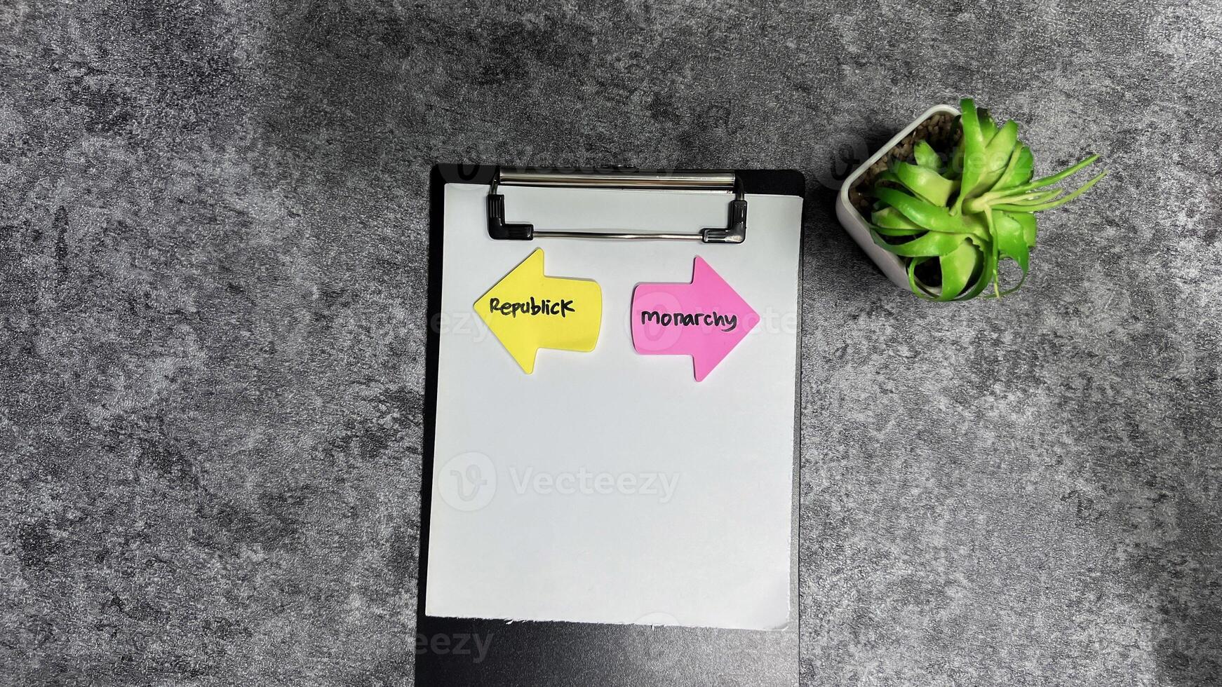 Concept of Republic or Monarchy write on sticky notes isolated on Wooden Table. photo