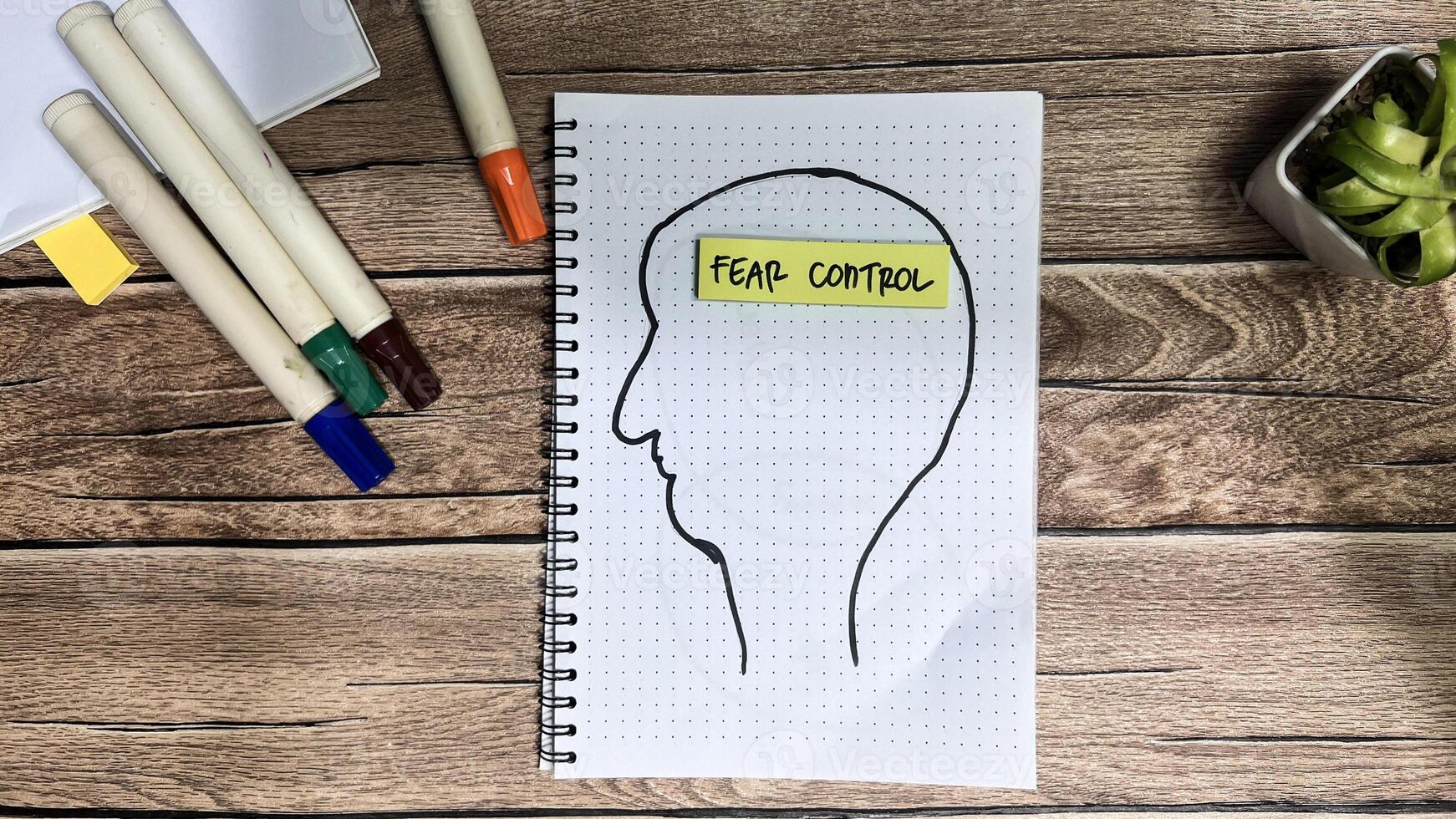 Concept of Fear Control write on sticky notes isolated on Wooden Table. photo