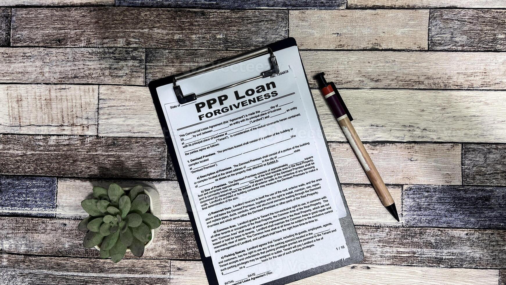 Concept of PPP Loan Forgiveness write on form isolated on Wooden Table. photo