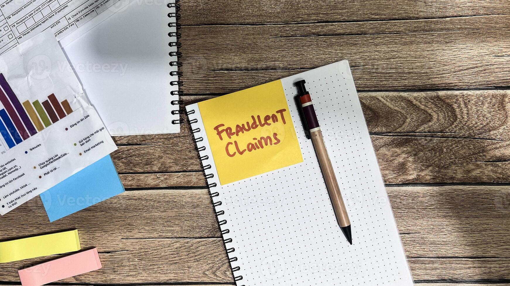 Concept of Fraudlent Claims write on sticky notes isolated on Wooden Table. photo