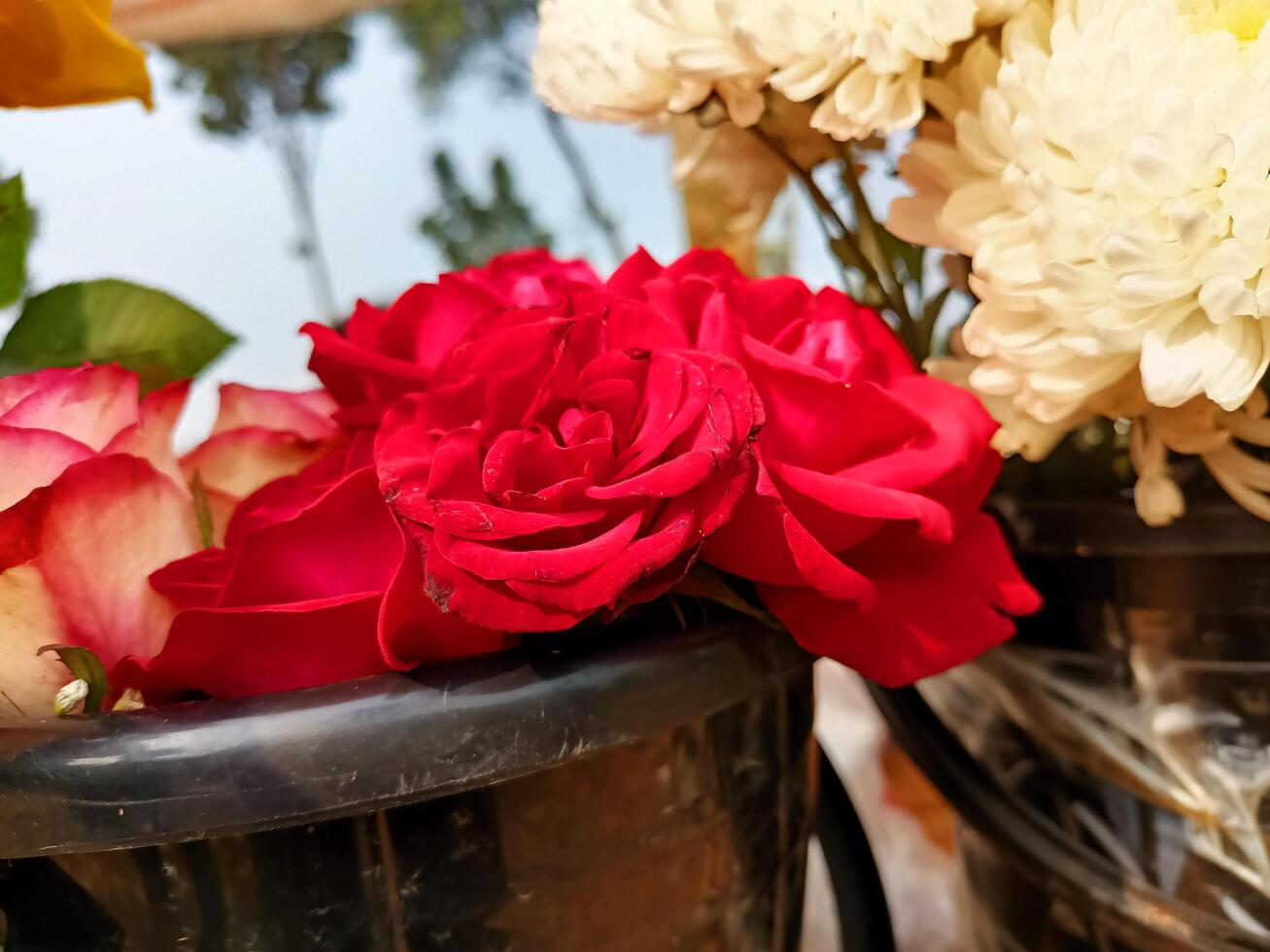 A close up of a flower arrangement photo