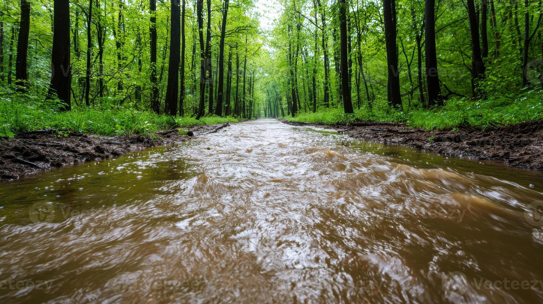 A muddy stream running through a forest photo