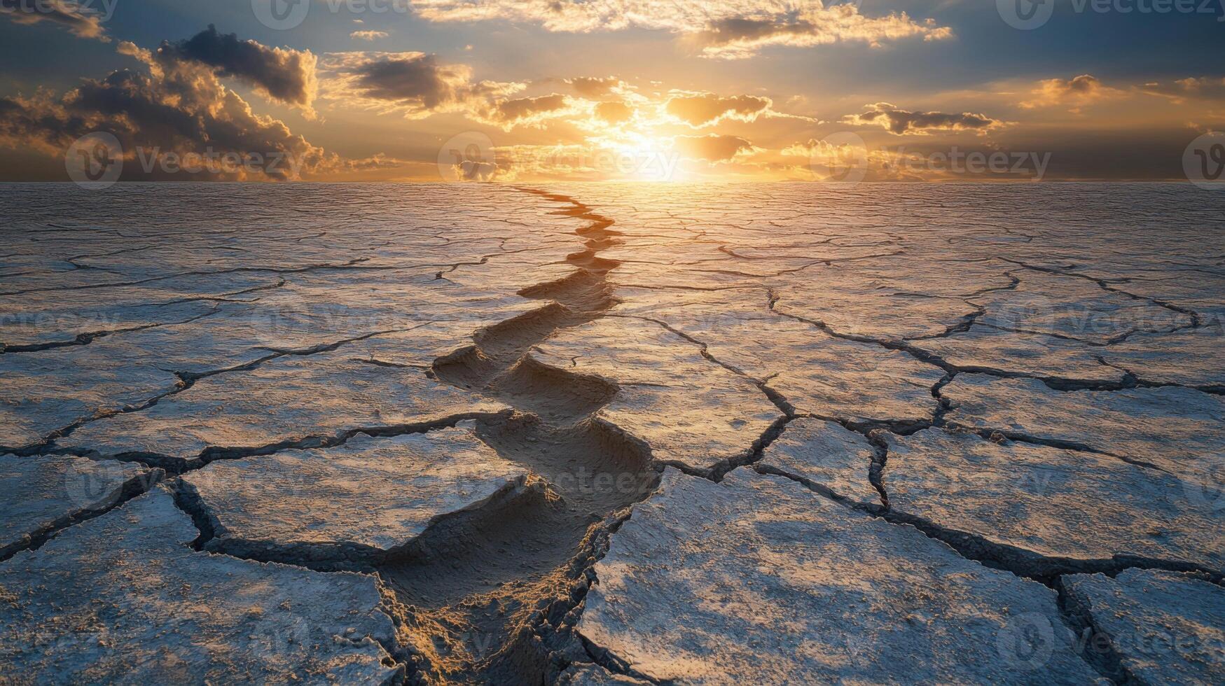 The sun setting over a cracked desert photo